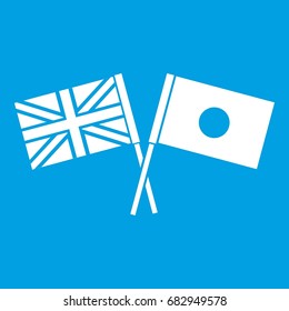 UK and Japan flags crossed icon white isolated on blue background vector illustration