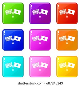 UK and Japan flags crossed icons of 9 color set isolated vector illustration