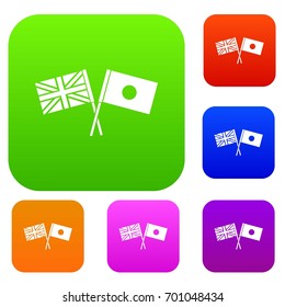 UK and Japan flags crossed set icon in different colors isolated vector illustration. Premium collection