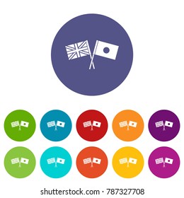 UK and Japan flags crossed set icons in different colors isolated on white background