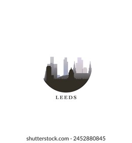 Paisaje urbano del Reino Unido de Leeds, insignia de Vector degradado, logotipo plano del horizonte, ícono de West Yorkshire. Inglaterra, Reino Unido idea redonda del emblema de la ciudad con Lugares famosos y siluetas de construcción. Gráfico aislado