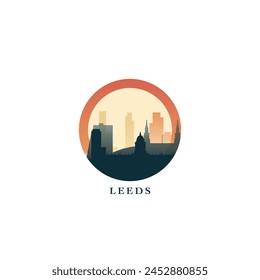 Paisaje urbano del Reino Unido de Leeds, insignia de Vector degradado, logotipo plano del horizonte, ícono de West Yorkshire. Inglaterra, Reino Unido idea redonda del emblema de la ciudad con Lugares famosos y siluetas de construcción. Gráfico aislado