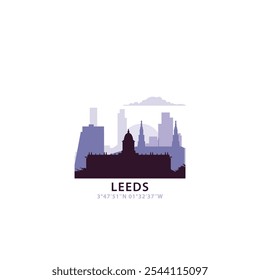 Logotipo del Reino Unido de Leeds con el horizonte, icono del Vector retro del paisaje urbano. Reino Unido, Inglaterra, Yorkshire travel city facade, horizon logotype