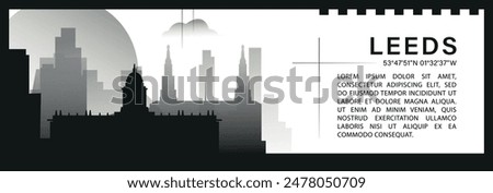 UK Leeds skyline vector banner, black and white minimalistic cityscape silhouette. United Kingdom, West Yorkshire, England city horizontal graphic, travel infographic, monochrome layout for website