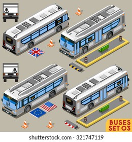 UK Left Hand Drive City Bus Line Long Vehicle Transport. 3D Shuttle Shelter Vector Icon Set. Intercity Tour School Bus. Isometric public route station Infographic Collection 