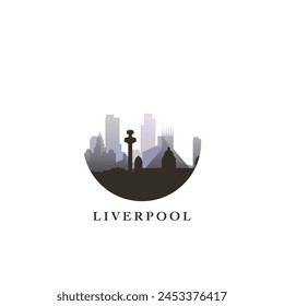 Paisaje urbano del Reino Unido Liverpool, insignia de Vector degradado, logotipo plano del horizonte, ícono. Idea redonda del emblema del noroeste de Inglaterra, Reino Unido con Lugares famosos y siluetas de construcción. Gráfico aislado