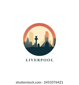 Paisaje urbano del Reino Unido Liverpool, insignia de Vector degradado, logotipo plano del horizonte, ícono. Idea redonda del emblema del noroeste de Inglaterra, Reino Unido con Lugares famosos y siluetas de construcción. Gráfico aislado