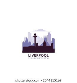 Logotipo del Reino Unido de Liverpool con el horizonte, icono del Vector retro del paisaje urbano. Reino Unido, Inglaterra fachada abstracta de la ciudad del viaje, logotipo del horizonte