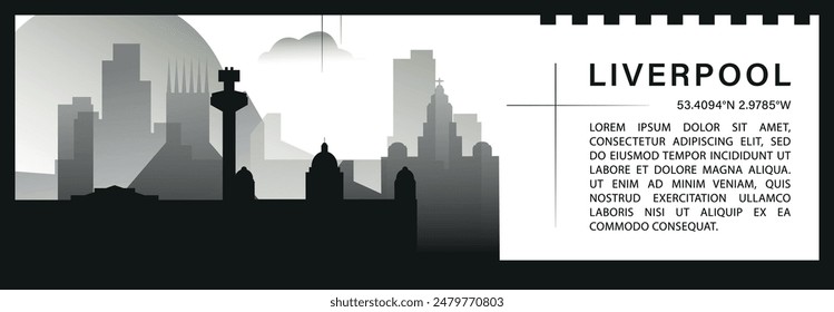 Reino Unido Anuncio de Vector del horizonte de Liverpool, silueta de paisaje urbano minimalista en blanco y negro. Gráfico Horizontal de la ciudad de Inglaterra del Reino Unido, infografía del viaje, diseño monocromo para el Sitio web