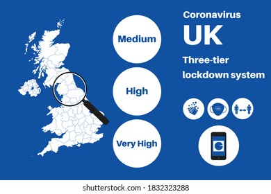 UK Local Lockdown Three Tier System Vector Infographic On A Blue Background.