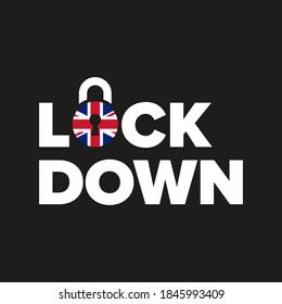 UK Lockdown Logo Banner Vector. Union Jack UK Flag Padlock to represent Covid-19 Lockdown 2.0, the 2nd lockdown in UK. 