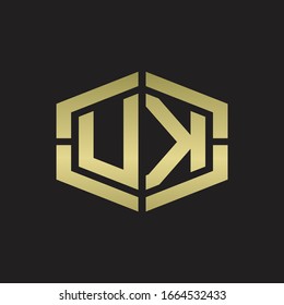 Monograma del Reino Unido con forma hexágono y placa de diseño redondeada en línea circular con colores dorados