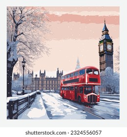 UK London bridge clock and bus vector illustration