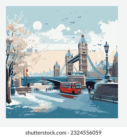 UK London bridge clock and bus vector illustration