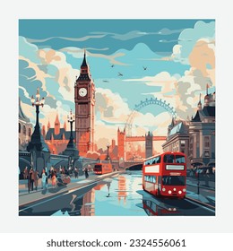 UK London bridge clock and bus vector illustration