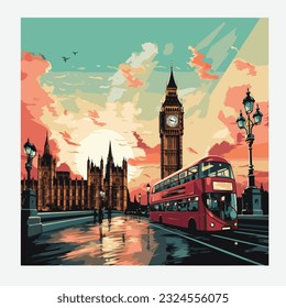 UK London bridge clock and bus vector illustration