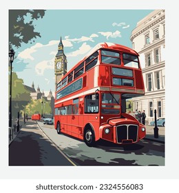 UK London bridge clock and bus vector illustration