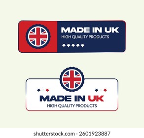 UK Made. Made in UK labels and icons set. UK Made icons, stickers, and labels set. British Product Stickers. Vector illustration.