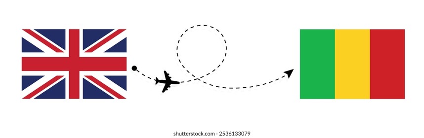 Reino Unido a Malí concepto de viaje de vuelo . Pasajeros de Londres a Bamako que viajan en concepto de avión 