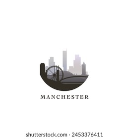 Paisaje urbano del Reino Unido Manchester, insignia de Vector degradado, logotipo plano del horizonte, ícono. Inglaterra, Reino Unido idea redonda del emblema de la ciudad con Lugares famosos y siluetas de construcción. Gráfico aislado