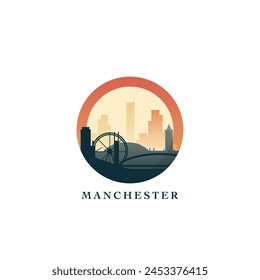 Paisaje urbano del Reino Unido Manchester, insignia de Vector degradado, logotipo plano del horizonte, ícono. Inglaterra, Reino Unido idea redonda del emblema de la ciudad con Lugares famosos y siluetas de construcción. Gráfico aislado