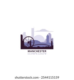 Logotipo de Manchester del Reino Unido con el horizonte, icono de Vector retro del paisaje urbano. Reino Unido, Inglaterra fachada abstracta de la ciudad del viaje, logotipo del horizonte