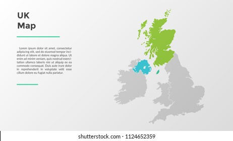 UK map divided into provinces or regions with modern borders. Geographic location indication. Infographic design template. Vector illustration for presentation, brochure, touristic website.