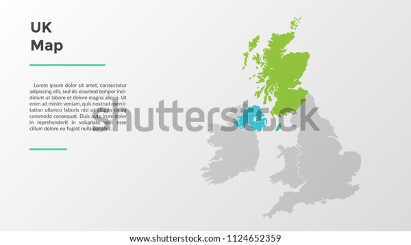 UK map divided into provinces or regions with\
modern borders. Geographic location indication. Infographic design\
template. Vector illustration for presentation, brochure, touristic\
website.