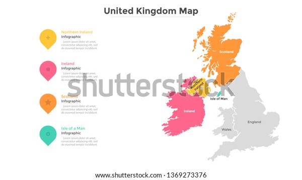 UK map divided into provinces or regions with\
modern borders. Geographic location indication. Infographic design\
template. Vector illustration for presentation, brochure, touristic\
website.