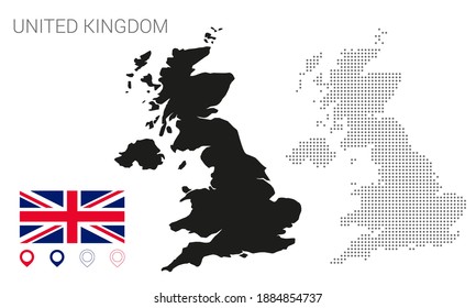 UK map dotted and silhouette with flag and pin.