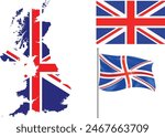 UK map with flag embeded inside with 2 United Kingdom flags wavy flag and straight flag vector illustration