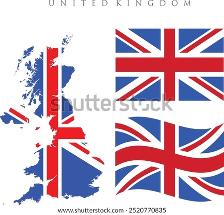 UK map with flag embeded inside with 2 United Kingdom flags wavy flag and straight flag vector illustration . Flag of United Kingdom. Silhouette of United Kingdom. National symbol.