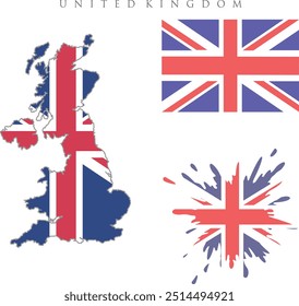UK map with flag imbedded inside with 2 United Kingdom flags  and straight flag vector illustration .Map of the country of the United Kingdom. Detailed vector map of the United Kingdom by region. 