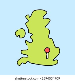 UK Map Flat design style, green UK map with a red location pin, ideal for travel guides, geographic infographics, and educational materials.