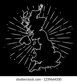 UK map. Hand drawn vector illustration with a map of the UK and divergent rays. Used for poster, banner, web, t-shirt print, bag print, badges, flyer, logo design and more. 