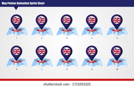 UK Map marker with flag for Sprite Sheet. Smooth waving flag for animation sprites on white background, vector 