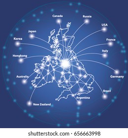 UK Map With Node Link By Line With Other Country In The World. Communication Or Trade Or Business Concept Image Vector Illustrations