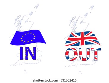 UK Map outline with Union Jack Flag and EU European Union flag. UK leaving EU with the Brexit