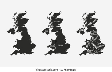 UK map set. United Kingdom maps with country and regions names. UK background. Vector illustration 