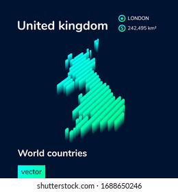 UK Map. Stylized Isometric Neon Striped Vector 3d Map. Map Of United Kingdom Is In Green And Mint Colors On The Dark Blue Background