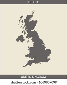 UK map vector outline illustration in gray background. United Kingdom map with the name of its continent, Europe. A creative map of Great Britain for educational purposes