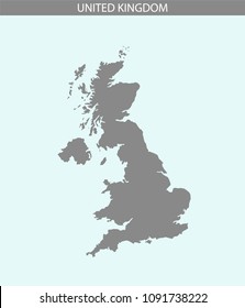 UK map vector outline illustration gray and blue background. Highly detailed accurate map of United Kingdom. The counties borders of England are not included on this map for aesthetic appeal.