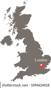 UK map vector outline illustration with capital location and name, London, in gray background. Highly detailed accurate map of United Kingdom prepared by a map expert.