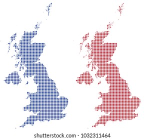 UK maps of red and blue dots isolated on a white background
