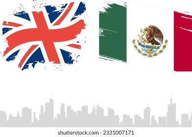 UK and Mexico  Vector Flag with the background of Buildings. Vector Illustration