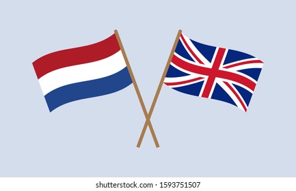 UK and Netherlands crossed flags on stick. Holland and British national symbol. Vector illustration.