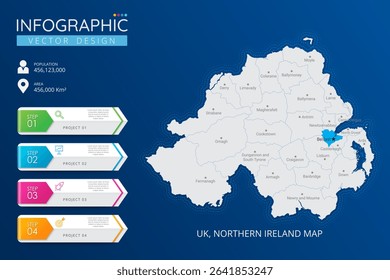 UK, Northern Ireland map with location pointer marks. High detailed country map with division, cities and capital infographic template. Vector illustration EPS10