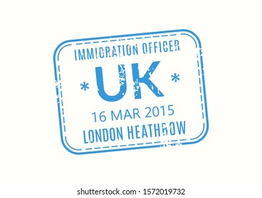 UK Passport stamp. United Kingdom visa stamp for travel. London international airport grunge sign. Immigration, arrival and departure symbol. Vector illustration.