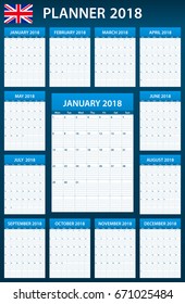 UK Planner blank for 2018. English Scheduler, agenda or diary template. Week starts on Monday