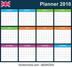 UK Planner blank for 2018. English Scheduler, agenda or diary template. Week starts on Monday